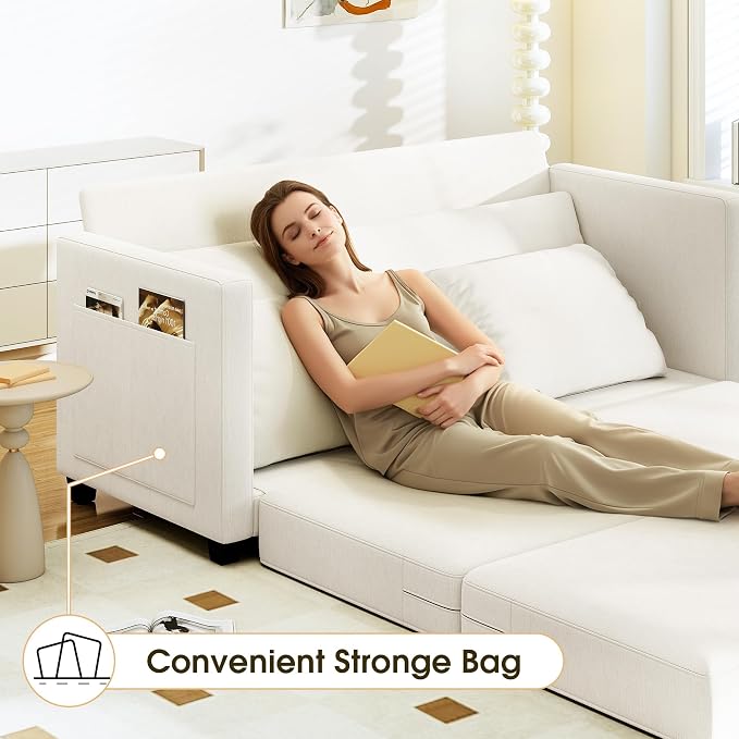 Myroyalsit 65" Convertible Loveseat Sofa Bed, 2-in-1 Folding Sofa Bed with 2 Pillow for Small Spaces, Modern Loveseat Sleeper Couch for Apartment, Living Room & Guest Room (Beige Chenille, 65 inch)