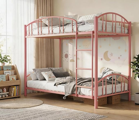 IDEALHOUSE Twin Over Twin Bunk Bed Frame, Twin Bunk Bed Frame with Heightened Arched Guardrail and Safety Ladder, Sturdy Steel Bed for School, Bedroom, Easy Assembly, Pink