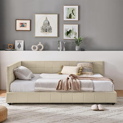 Bellemave Full Size Corner Bed Frame with Comfortable Backrest and Armrests, Velvet Tufted Corner Bed Frame Full Size, Upholstered Daybed for Bedroom, Living Room, Guest Room, Beige
