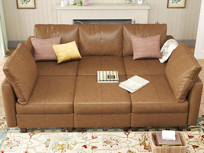 EASE MOOSE Faux Leather Modular Sleeper Couch Sectional Sofa Bed with Storage,Convertible Faux Leather Sectional Sofa,Brown
