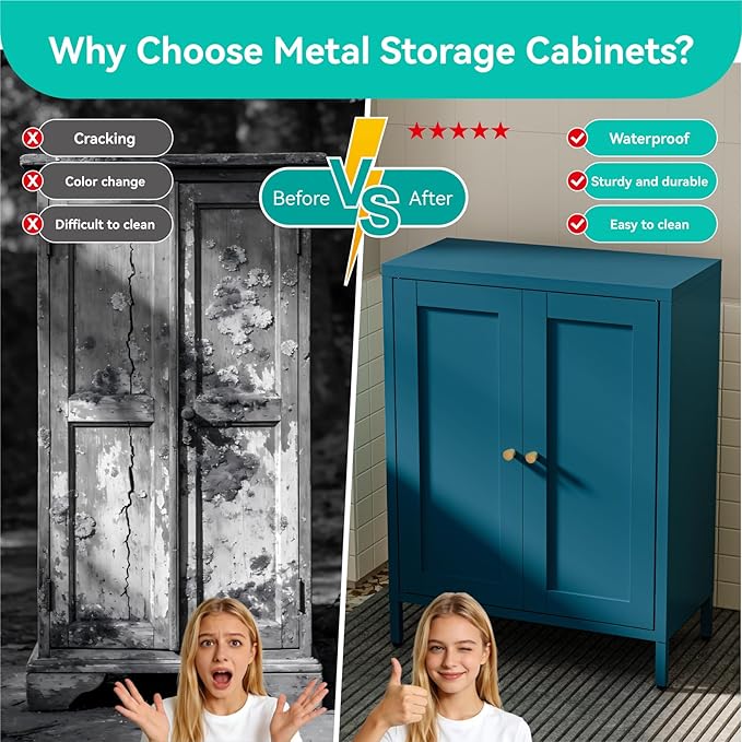 Metal Floor Storage Cabinet, Small Freestanding Sideboard Storage with 2 Adjustable Shelves for Bathroom Entryway Living Room Dining Room Coffee bar Kitchen,11.8"D x 23.6"W x 31.5"H,3-Tier,Teal Blue