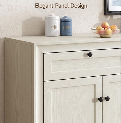 ONBRILL 48 Inches Sideboard Buffet Cabinet with Storage, Farmhouse Sideboard with 2 Drawers and 3 Doors, Wood Coffee Bar Cabinet with Adjustable Shelves for Living Room, Kitchen, Hallway, White