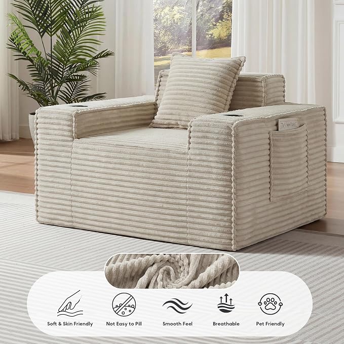 Boneless Sofa Couch with Cup Holders & Side Pockets, Modern Corduroy Fabric Deep Seat Single Cloud Couch for Reading Living Room Office, No Assembly (Camel)