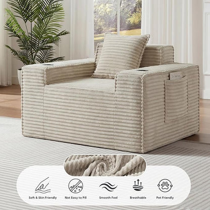 Boneless Sofa Couch with Cup Holders & Side Pockets, Modern Corduroy Fabric Deep Seat Single Cloud Couch for Reading Living Room Office, No Assembly (Camel)
