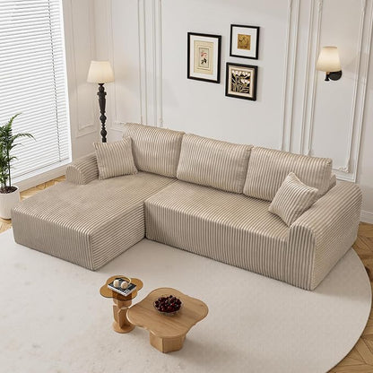 110" L Shaped Boneless Sectional Couches for Living Room, Comfy Corduroy Floor Cloud Sofa with Chaise, Wide Armrest, Deep Seat, Memory Foam, Assembly Free, Ideal for Small Spaces, Brown