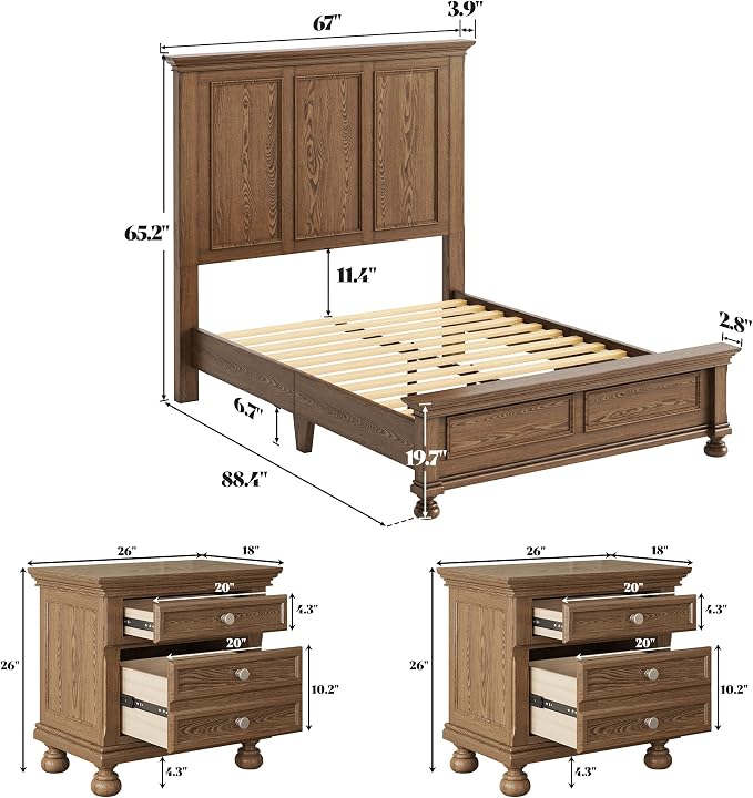 AMERLIFE Solid Wood 3 Piece Bedroom Set Including 65.2" High Queen Bed Frame, Fully Assembled Nightstands Set of 2 with 2 Storage Drawers for Bedroom, Light Brown