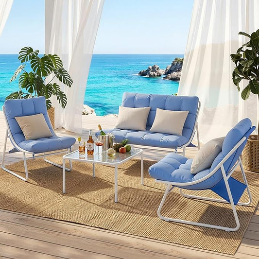 Jocoevol Patio Furniture Set, 4-Piece Outdoor Patio Conversation Set, 2-in-1 Metal Patio Sofa Sets with Cushions & Glass Coffee Tablefor Backyard, Garden, Porch, Poolside, White & Blue