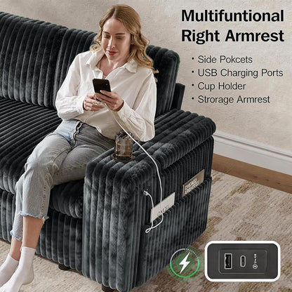 Vipbear 86" Modular Sectional Sleeper Sofa with Pull Out Bed, 3 Seat Plush Corduroy L Shaped Couch with Storage Chaise|USB Ports|Cup Holders|Side Table|Storage Armrests, Tool Free Assembly, Grey