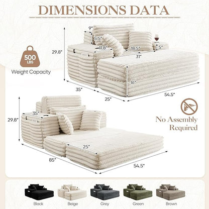 5-In-1 Oversized Chaise Lounge Chair Indoor with Ottoman,54.5"W Faux Fur Convertible Folding Sleeper Sofa Bed with Cup Holder&Side Pocket,Comfy Boneless Couch Sofa Chair for Living Room,Bedroom(Beige)