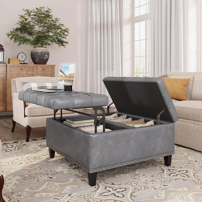 FiveWillowise Square Leather Ottoman with Storage, Faux Leather Coffee Table with Lift Top,Large Upholstered Footrest Stool Toy Box Storage Bench for Bedroom Living Room, Grey