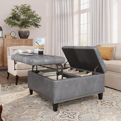 FiveWillowise Square Leather Ottoman with Storage, Faux Leather Coffee Table with Lift Top,Large Upholstered Footrest Stool Toy Box Storage Bench for Bedroom Living Room, Grey
