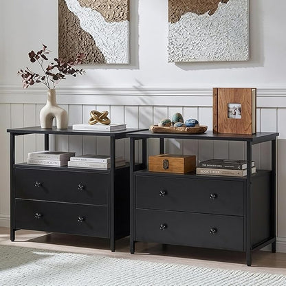 Edbuosy 27 inch Wide Nightstand Set 2 with Charging Station, Bedside Table with Open Shelf, 2 Drawers Small Wood Dresser, Modern Wood Nightstand for Bedroom/Living Room, Black
