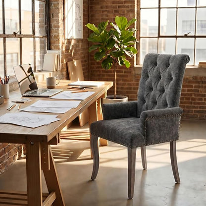 Upholstered Dining Chairs with Arms, Gray, 1 Pack | Tufted Chenille Kitchen Chairs with Arms, Modern Farmhouse Armchair with Nailhead Trim for Dining Room, Home Office