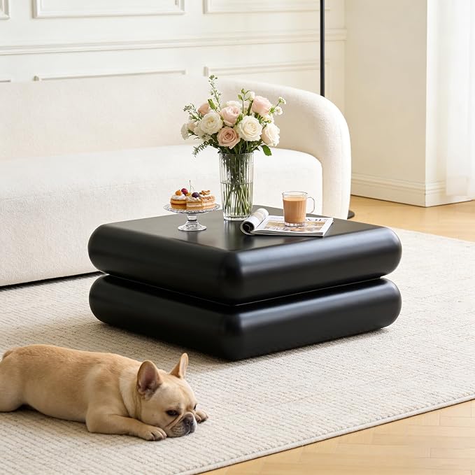 31.5" Modern Black Coffee Table, Stone Coffee Table, Square Minimalist Center Table, Contemporary Low Sofa Side Accent End Tea Table for Living Room Bedroom Apartment, No Assembly Required