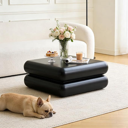 31.5" Modern Black Coffee Table, Stone Coffee Table, Square Minimalist Center Table, Contemporary Low Sofa Side Accent End Tea Table for Living Room Bedroom Apartment, No Assembly Required