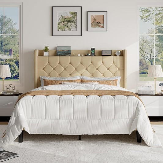 SHA CERLIN Queen Size Platform Bed Frame with Charging Station, Linen Wingback Headboard with Storage Shelf, Wooden Slats Support, Ample Under-Bed Space, No Box Spring Needed, Easy Assembly, Beige