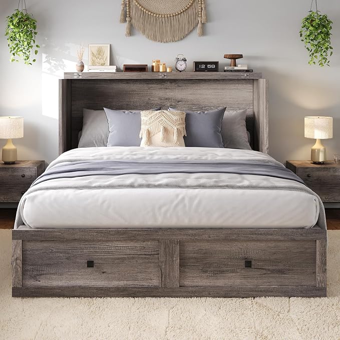 LUXOAK Full Murphy Bed Cabinet with Charging Station, Foldable Platform Bed Frame with Drawer, Space-Saving Guest Bed for Home Office or Small Spaces, Rustic Grey