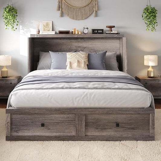 LUXOAK Murphy Bed Queen Size Cabinet Bed with Charging Station, Large Storage Drawer for Home Office or Small Room, Hideaway Bed Foldable Platform Bed, Rustic Grey