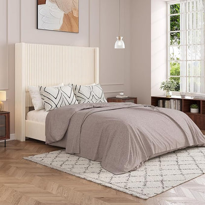 UNIQUITE Queen Size Lift Up Storage Bed Frame with 51 Inch Tall Wingback Headboard, Corduroy Upholstered Platform Bed with Hydraulic Storage, 2 USB Ports, No Box Spring Needed, Noise-Free, Beige