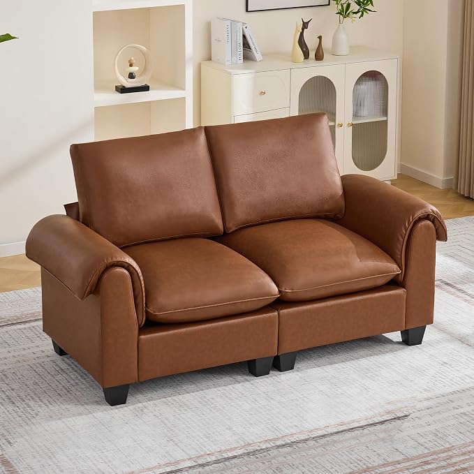 70.5" Faux Leather Modular Sectional Loveseat Sofa, Oversized 2 Seater Upholstered Couch with Curved Armrests, Cloud Modern Deep Seat Love Seat Sofa for Living Room, Brown