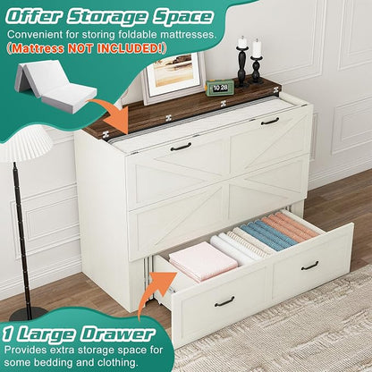 Hlivelood Queen Size Murphy Chest Bed with Drawer and Charging Station, Farmhouse Wood Space-Saving Hidden Folding Bed Chest, Multifunctional Storage Cabinet Beds for Bedroom, Office, Rustic White