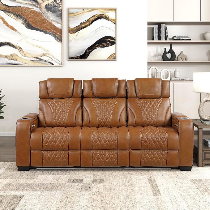 Lexicon Power Double Reclining Sofa, Center Drop-Down Table with Heat/Massage/Headrest/Storage Arms/Cup Holders/LED Lights/Wireless Charging, Top Grain Leather Match Wall Hugger Recliner Sofa, Brown