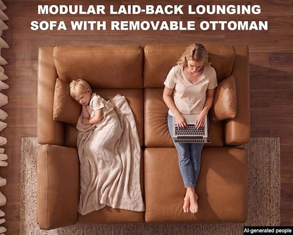 100" Faux Leather Modular Sectional Sofa for Living Room, Oversized 3 Seater L Shaped Cloud Couch with Ottoman, Extra Large Deep Seat, Pet-Friendly, Easy to Clean, Brown