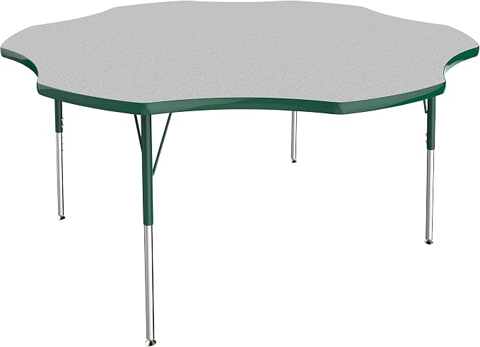 FDP Flower Activity School and Office Table (60 inch), Standard Legs with Swivel Glides for Collaborative Seating Environments, Adjustable Height 19-30 inches - Gray Top and Green Edge