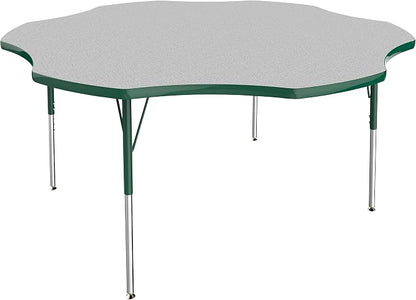 FDP Flower Activity School and Office Table (60 inch), Standard Legs with Swivel Glides for Collaborative Seating Environments, Adjustable Height 19-30 inches - Gray Top and Green Edge