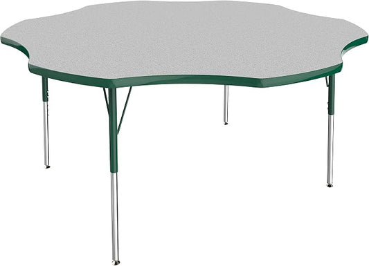 FDP Flower Activity School and Office Table (60 inch), Standard Legs with Swivel Glides for Collaborative Seating Environments, Adjustable Height 19-30 inches - Gray Top and Green Edge