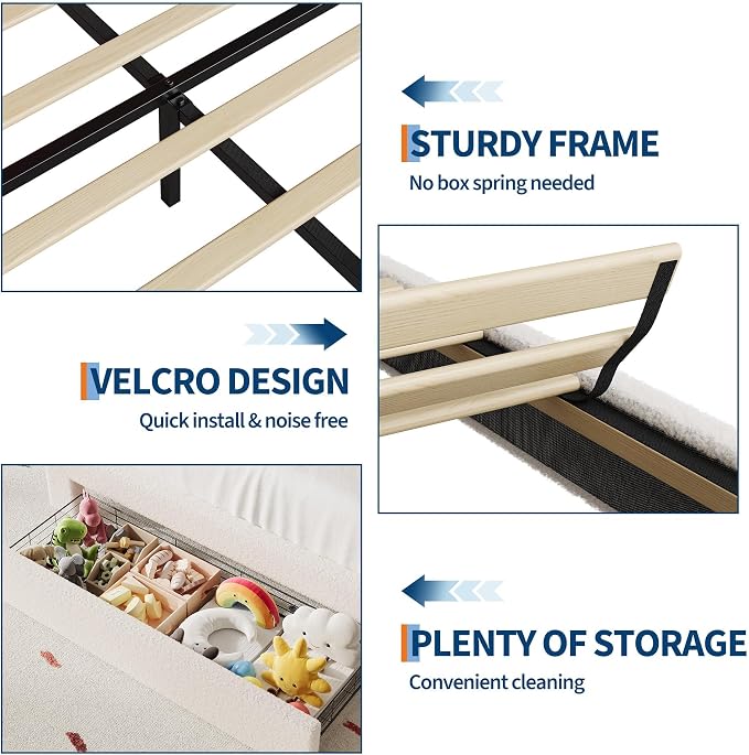 IDEALHOUSE Full Bed Frame with LED Headboard and Under-Bed Drawer, Metal Upholstered Platform Bed with LED Light for Kids, Girls, Lamb Fleece Fabric, Wooden Slats Support, No Box Spring Needed, White