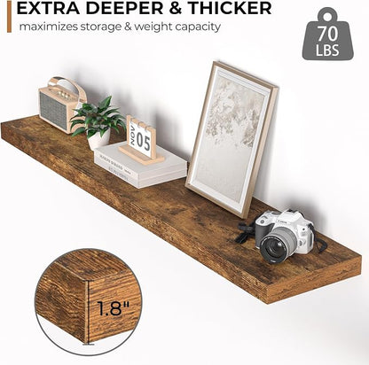 Floating Shelves - 10.23 Inch Deep Wall Shelf for Decor & Storage - Wall Mounted Display Shelving with Invisible Heavy-Duty Metal Bracket - 48" W x 10.23" D x 1.8" H - Set of 1 - Rustic Brown