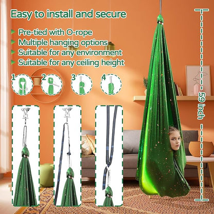Sensory Swing for Kids and Adults Indoor & Outdoor Double Layer Therapy Cuddle Holds up to 300lbs Adjustable Hammock Chair with 360° Swivel Hanger Kit Effect for Aspergers Autism ADHD(Green)