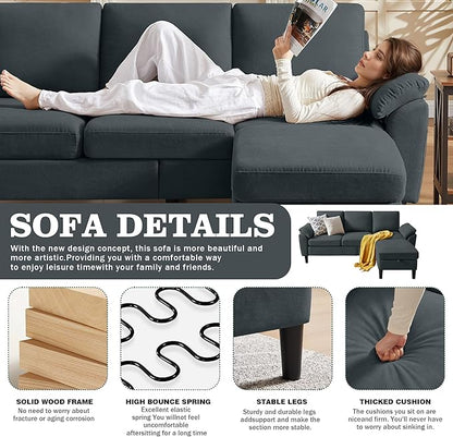80" Convertible Sectional Sofa, Modern Linen Small L Shaped Couch with Reversible Chaise and Storage Ottoman, 3-Seat Sofa Couches for Living Room, Office, Apartment, Dark Grey