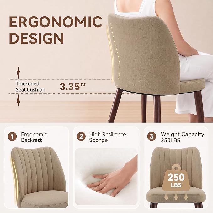 Upholstered Dining Chairs Set of 4, Modern Fabric Dining Chairs with Curved Backrest & Solid Rubber Wood Legs, Padded Kitchen Dining Room Chairs for Restaurant Cafe, Camel