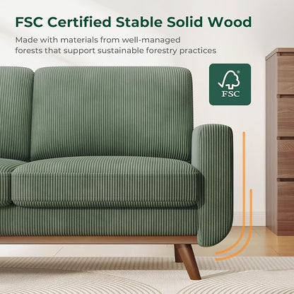 Vesgantti 68" Loveseat Sofa - Green, Comfy Corduroy with Spring Cushion, Solid Wood Frame, Modern Deep Seat, Bedroom & Living Room, Office Couch