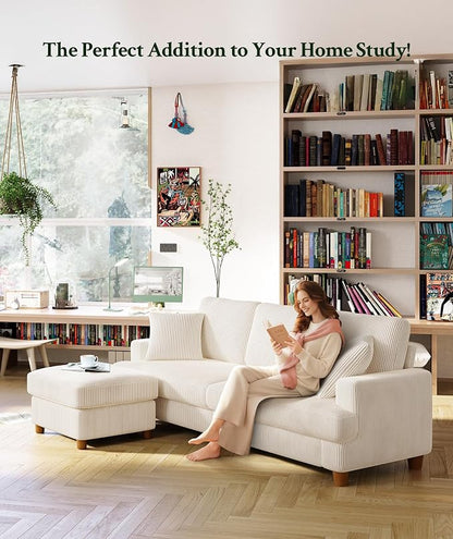 Welzona 87.2" Couches for Living Room, Comfy L Shaped Couch Beige 7.5" Thicker Cushion, Sofas for Living Room Tool-Free Setup, Loveseat with Ottoman 848lbs Support, Corduroy Couch for Bedroom, Office