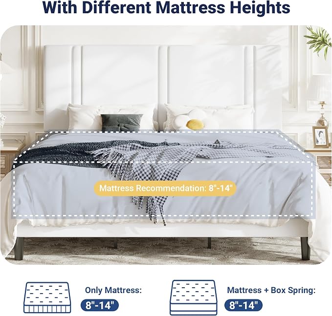 Allewie King Size Platform Bed Frame with Adjustable Headboard, Plush Velvet Upholstered, Vertical Channel Tufted, Sturdy Wooden Slats, No Box Spring Needed, Easy Assembly, White