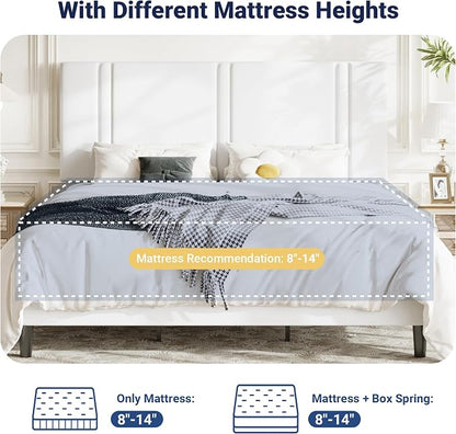 Allewie King Size Platform Bed Frame with Adjustable Headboard, Plush Velvet Upholstered, Vertical Channel Tufted, Sturdy Wooden Slats, No Box Spring Needed, Easy Assembly, White