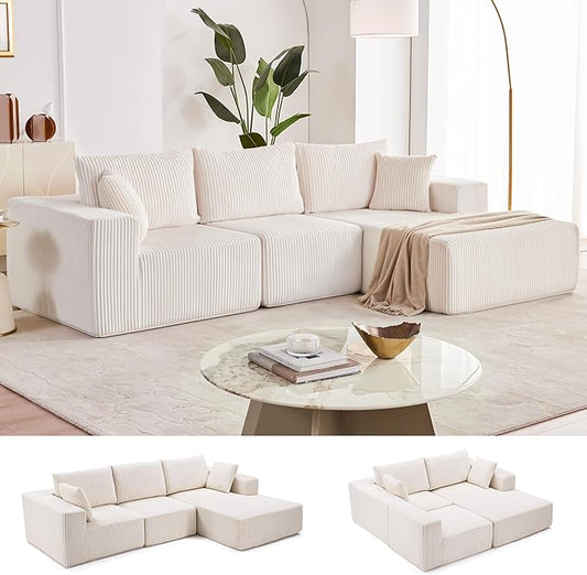 Weture 108” Modular Sectional Sofa, Cloud Sectional Couch with Deep Seat, Modern Modular L-Shape Sofa with Chaise,Upholstered Boneless Couches for Living Room (Corduroy, Beige)