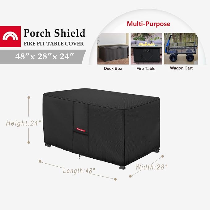 Porch Shield Patio Fire Pit Cover - Waterproof 600D Outdoor Rectangular Fire Table Cover Deck Box Protector - 48 x 28 inch, Black