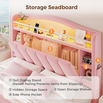 Queen LED Bed Frame with Storage Headboard & 2 Storage Drawers, Princess Velvet Upholstered Bed with Vertical Tufted Headboard Design for Girls, USB & Type-C Charging Ports, Wooden Slats Support, Pink