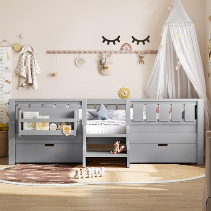 Bellemave Twin Montessori Bed with Stairs, Rails and Slats, Twin Size Montessori Floor Bed with Bookshelf and 2 Storage Drawers, Easy Assemble Beds Frame for Girls, Boys, Gray