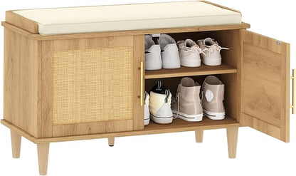 Akxomel Rattan Shoe Storage Bench with Cushion, 2-Tier Entryway Bench with Adjustable Shelves and 2 Doors, 15" D x 31.5" W x 20" H, Solid Wood Legs, for Hallway, Living Room, Bedroom, Natural Oak