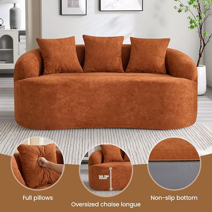 65" Boneless Loveseat Sofa Couch, Modern Comfy Curved Cloud Sofa, Chenille Deep Seat Love Seat Couches for Living Room, No Assembly, Orange