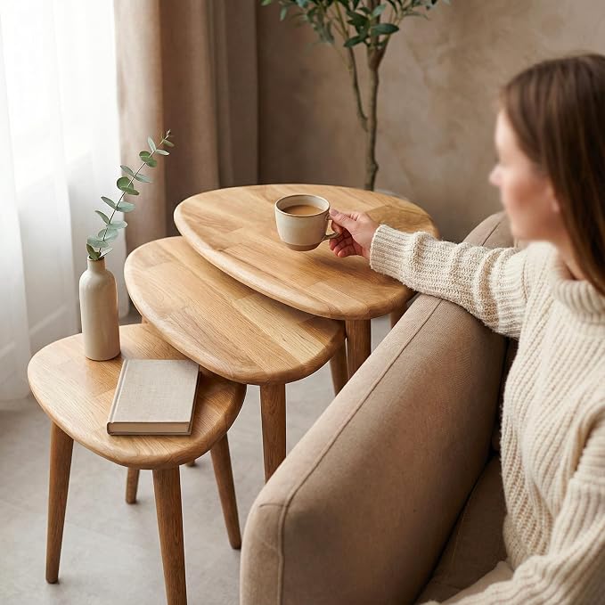 Ultimate Premium Products UPP Solid Nesting Table Set of 3- Chestnut Mid Century Pebble Tables with Tapered Legs – Wooden Home Furniture in a Retro Style - Chestnut