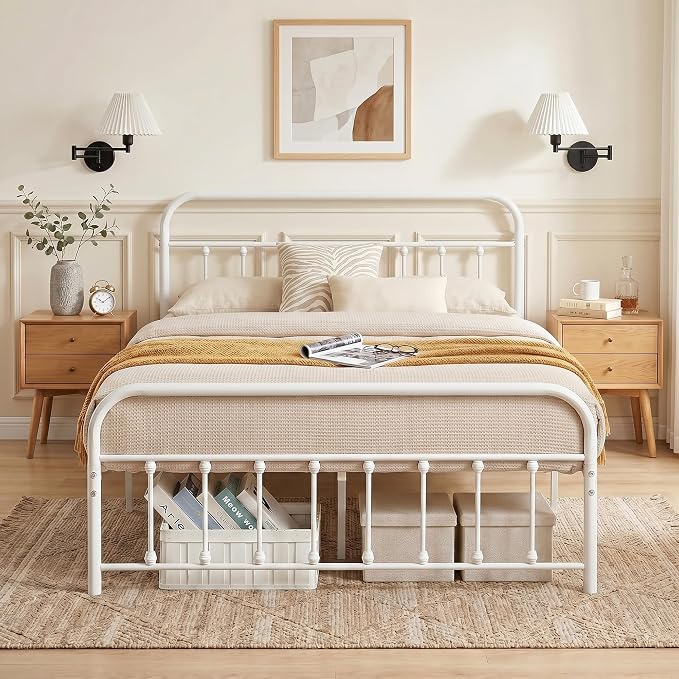 VECELO Classic White Victorian Style Metal Bed Frame with Headboard and Footboard Under Bed Storage No Box Spring Needed Strong Slat Suppor Bed Frame Full Size