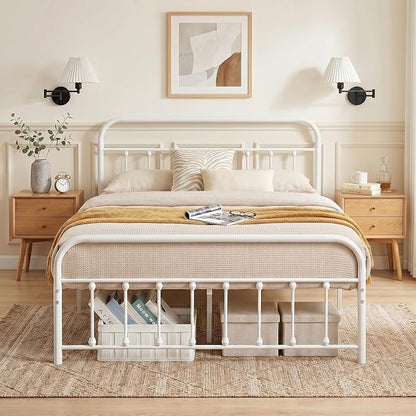 VECELO Classic White Victorian Style Metal Bed Frame with Headboard and Footboard Under Bed Storage No Box Spring Needed Strong Slat Suppor Bed Frame Full Size