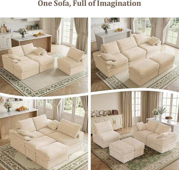 107" Modular U-Shaped Sectional Sofa with Storage, 3-Seat Corduroy Boneless Couch, 27" Deep Seat Cloud Couch & 2 Movable Ottoman, Tool-Free Assembly, Couch for Living Room, Beige