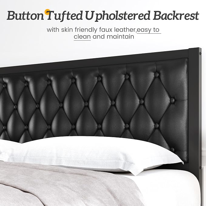 HISOFT King Bed Frame with Upholstered Button Tufted Headboard, Bed Frame Platform Metal Slats Support, Under Bed Storage, No Box Spring Needed, Noise-Free, Easy Assembly, Black